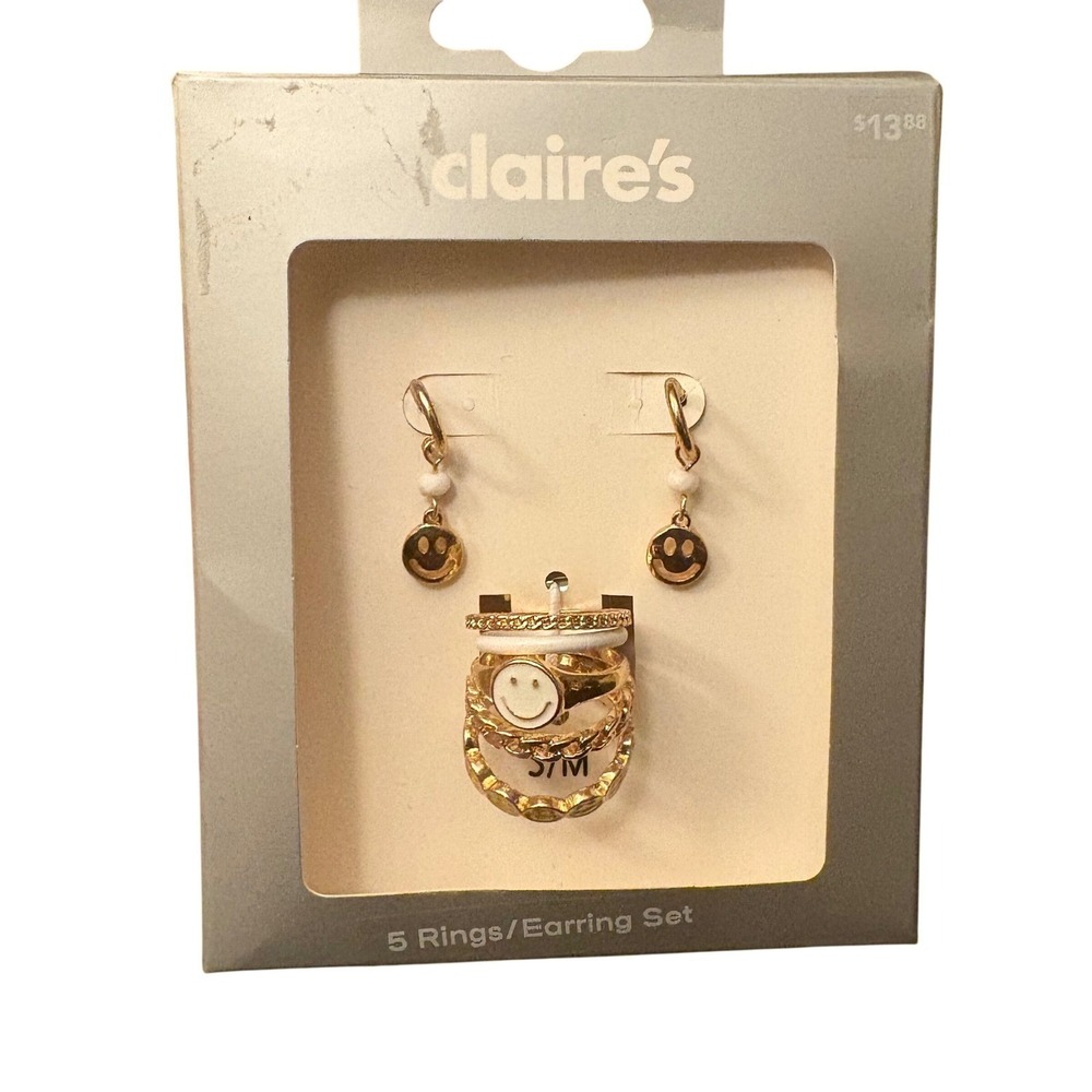 Claire's Y2K Smile Face Rings and Earrings Set - Gold Tone - Size S/M‎
